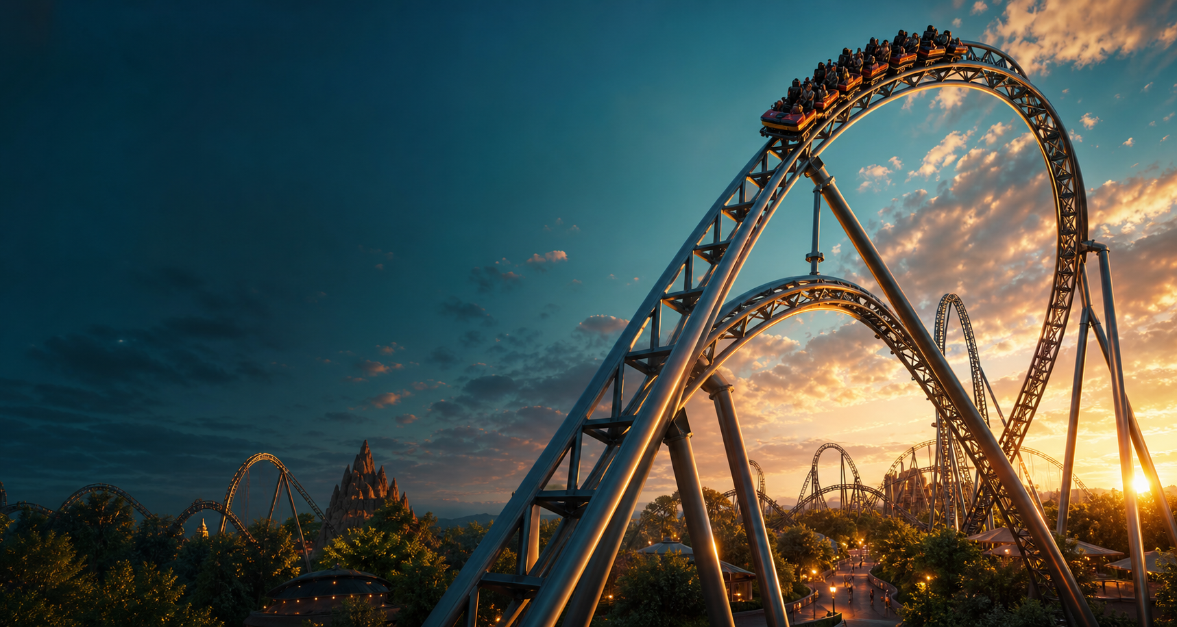 A sleek rollercoaster sweeping through a modern theme park at golden hour